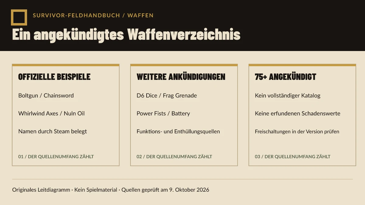 Originales Warhammer-Survivors-Arsenaldiagramm trennt die Gesamtzahl von 75+ Waffen von offiziell benannten Beispielen und ungeprüften Gegenstandsfeldern.
