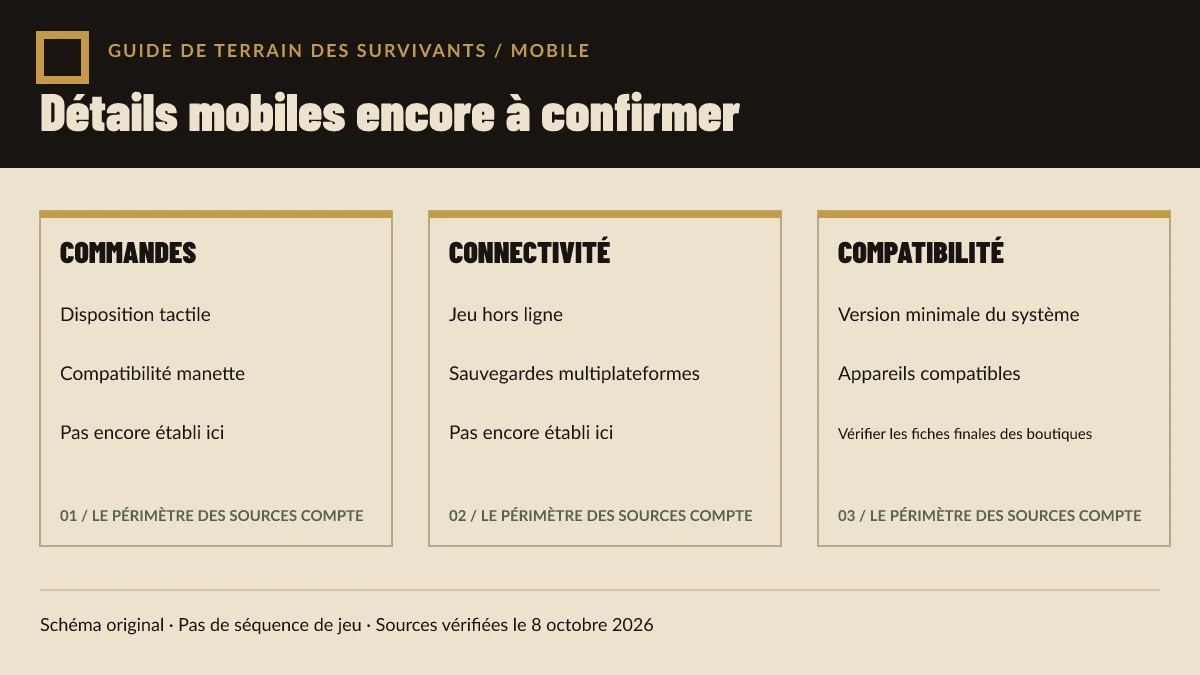 Schéma original listant les champs de commandes, de connectivité et de compatibilité mobile qui restent à confirmer.